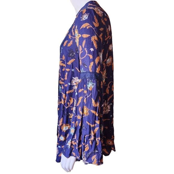 NWT I Joah Blue & Orange Floral Long Sleeve Blouse (S) - Picture 3 of 5